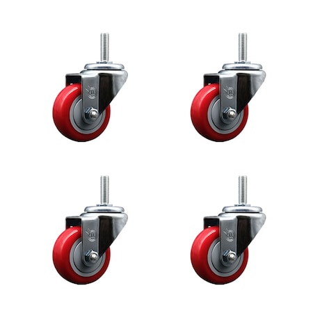 Service Caster 3 Inch Red Polyurethane Wheel Swivel 34 Inch Threaded Stem Caster Set Service Caster SCC-TS20S314-PPUB-RED-34212-4